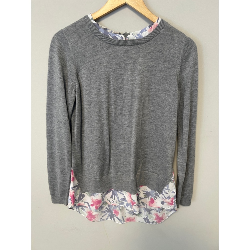 NYDJ Layered Look Sweater Womens Small Grey Floral Chiffon Hem Cashmere Blend